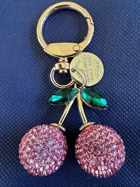 Gold Pink Cherry Crystal Keychain Charm - Pink & Green